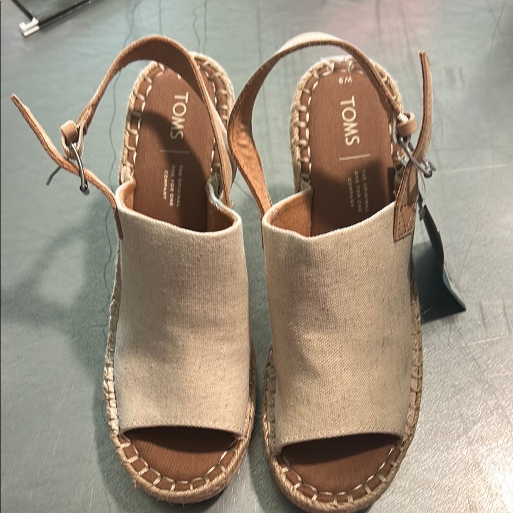TOMS Beige Canvas Espadrille Slingback Wedges